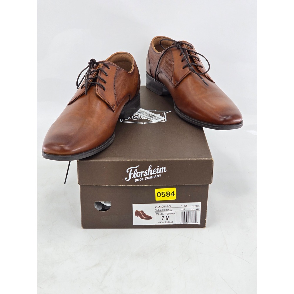 Florsheim Jackson PT OX Mens 7 M Cognac Plain Toe Derby Shoes - Excellent